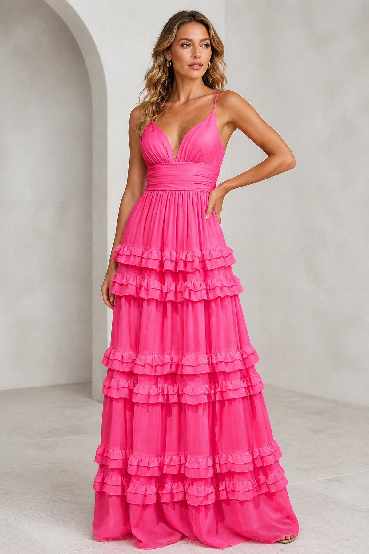 Romantic A-Line V-Neck Spaghetti-Strap Crisscross-Back Floor-Length Bridesmaid Dress