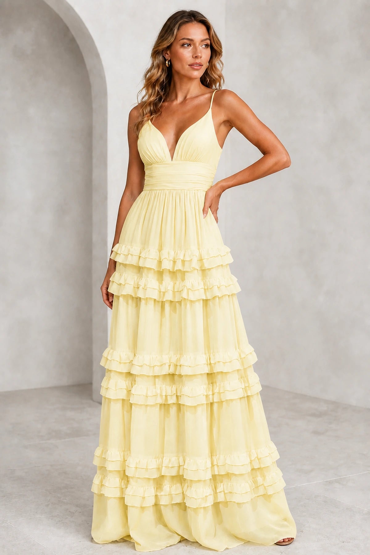 Romantic A-Line V-Neck Spaghetti-Strap Crisscross-Back Floor-Length Bridesmaid Dress