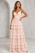 Blush pink A-line bridesmaid dress with V-neckline, spaghetti straps, ruched waist and tiered ruffle floor-length skirt
