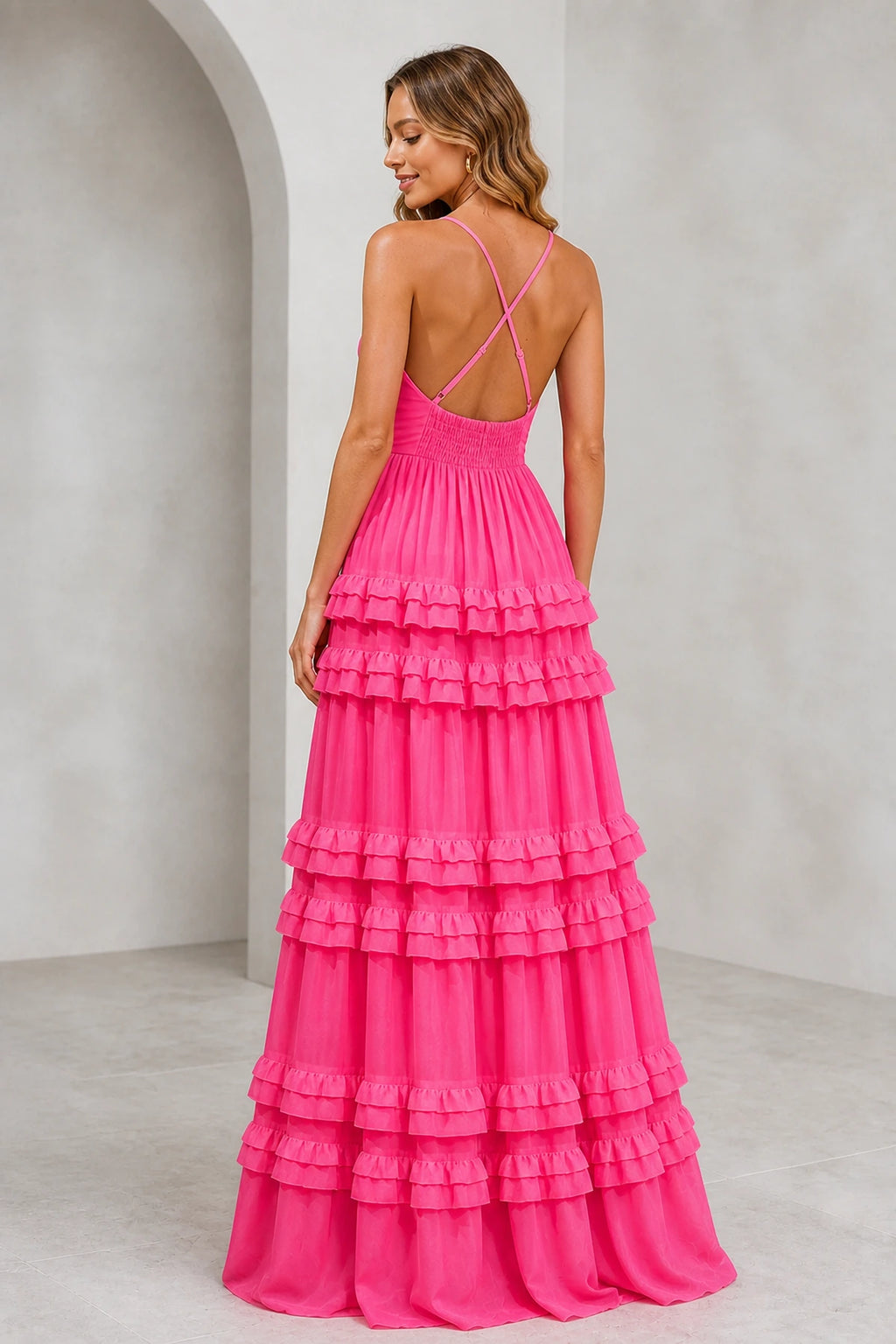 Romantic A-Line V-Neck Spaghetti-Strap Crisscross-Back Floor-Length Bridesmaid Dress