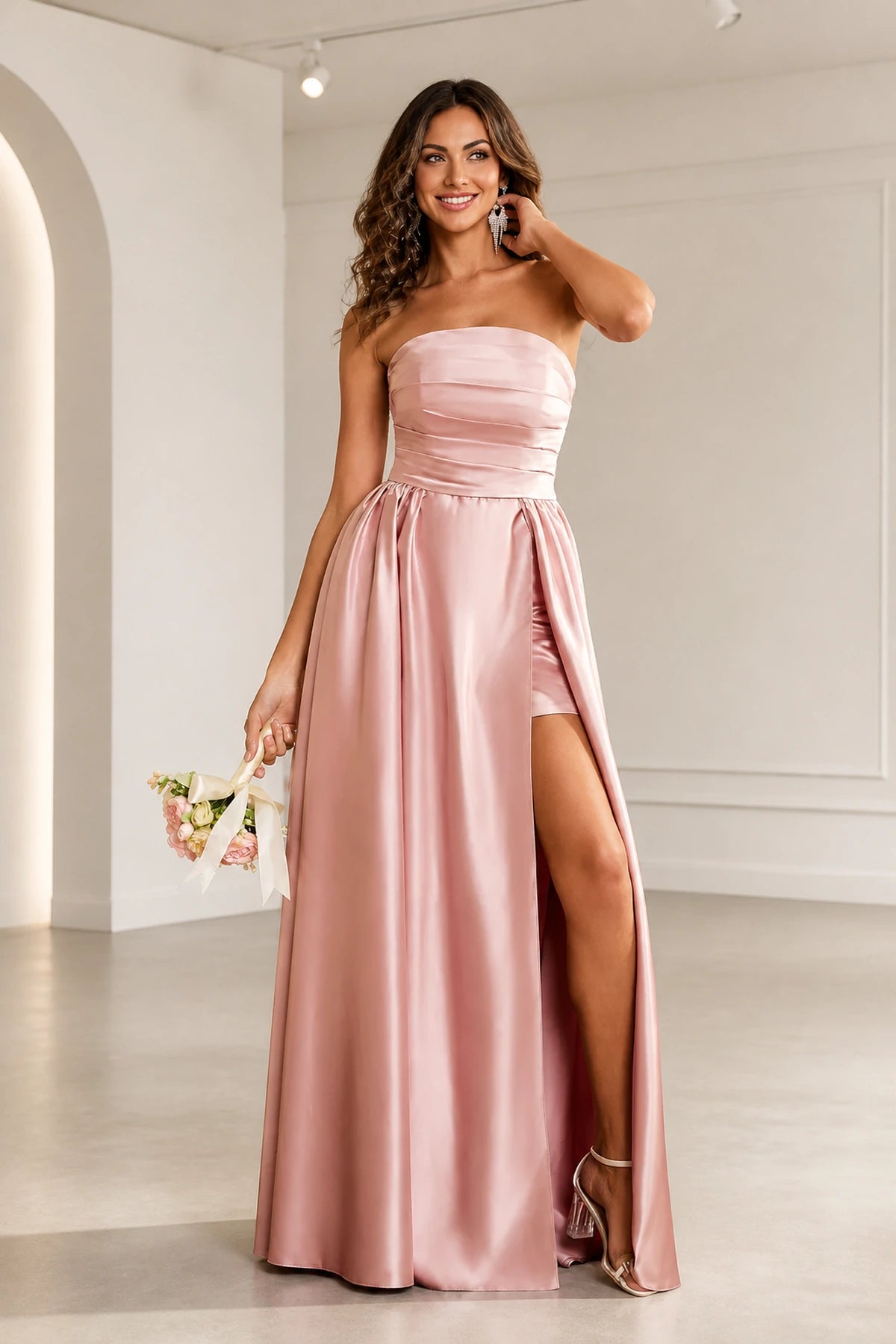 Graceprom blush pink strapless A line long prom dress with ruched bodice and high slit