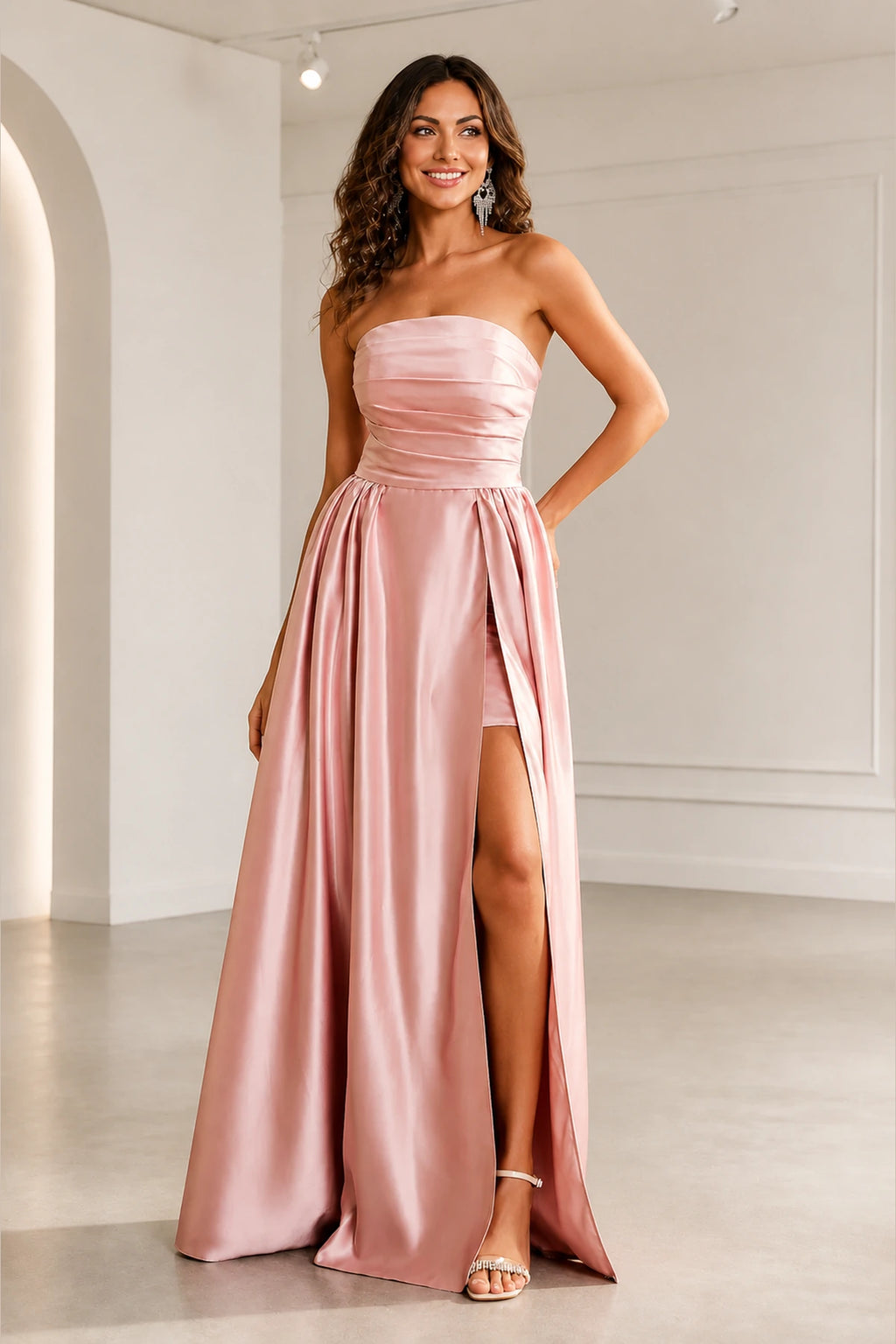 Romantic A Line Strapless Sleeveless Zipper Back Long Prom Dress