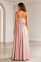 Graceprom blush pink strapless satin prom dress with zipper back and A line long skirt