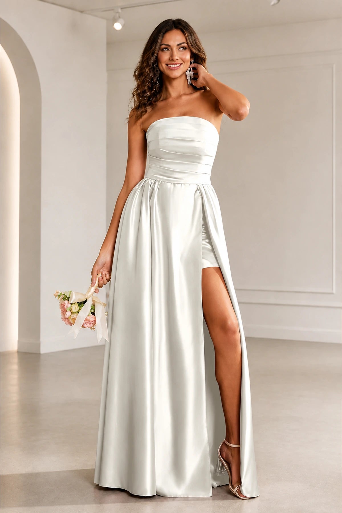 Romantic A Line Strapless Sleeveless Zipper Back Long Prom Dress