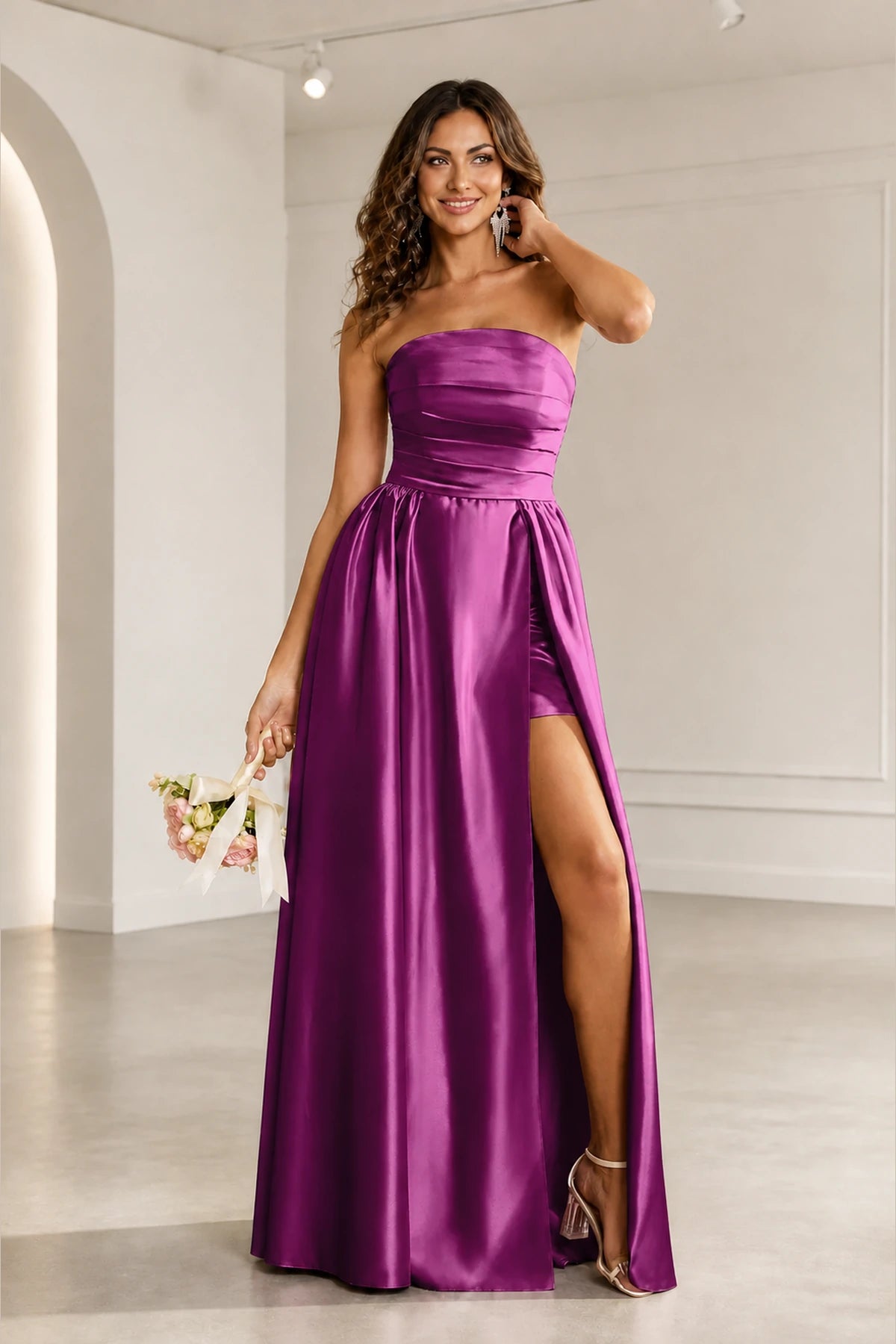 Romantic A Line Strapless Sleeveless Zipper Back Long Prom Dress