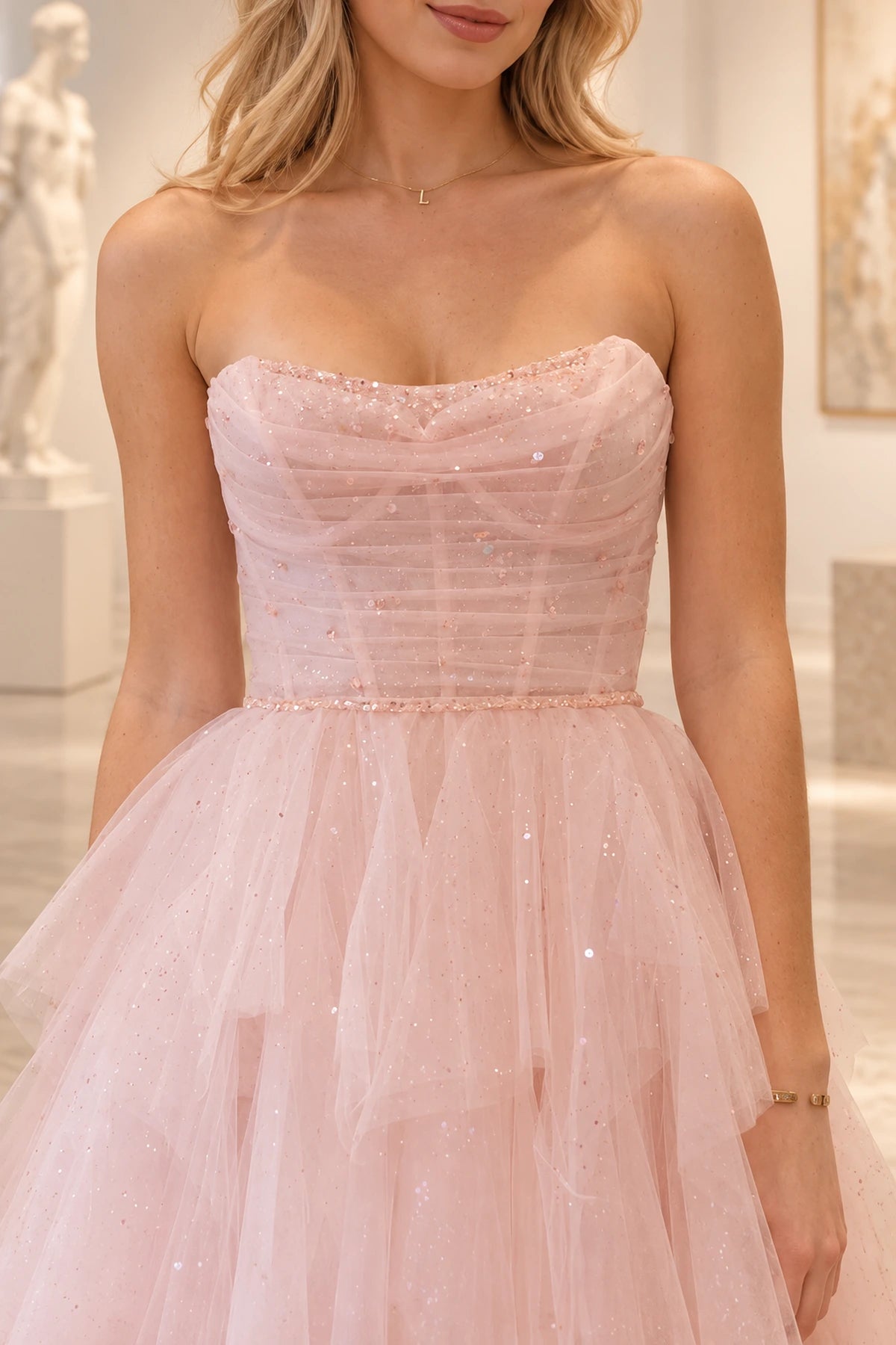 Romantic Tulle A-Line Sweetheart Strapless Lace-Up Floor-Length Prom Dress