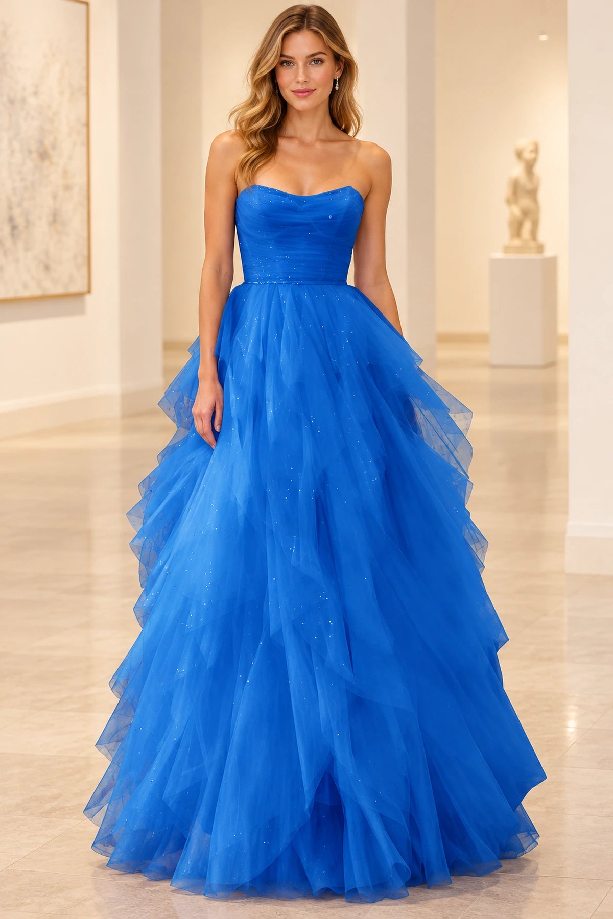 Romantic Tulle A-Line Sweetheart Strapless Lace-Up Floor-Length Prom Dress