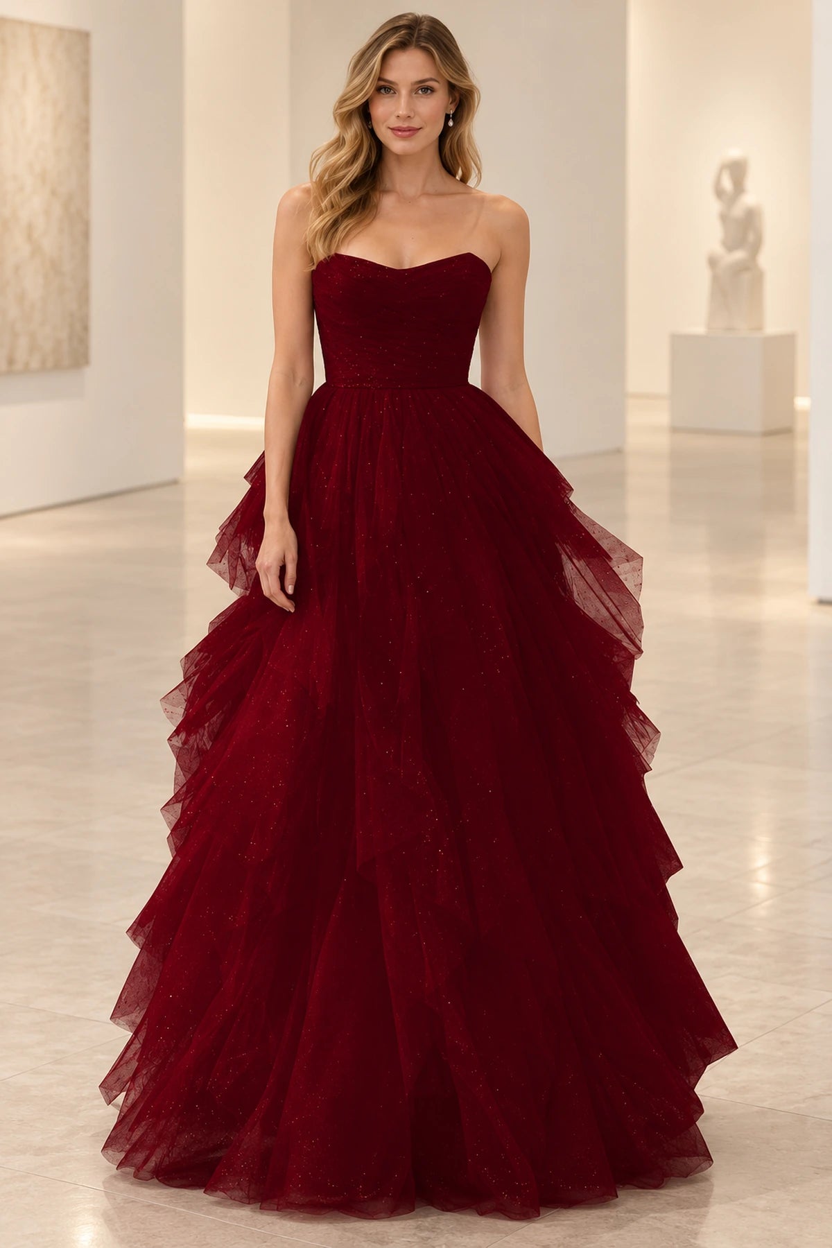 Romantic Tulle A-Line Sweetheart Strapless Lace-Up Floor-Length Prom Dress