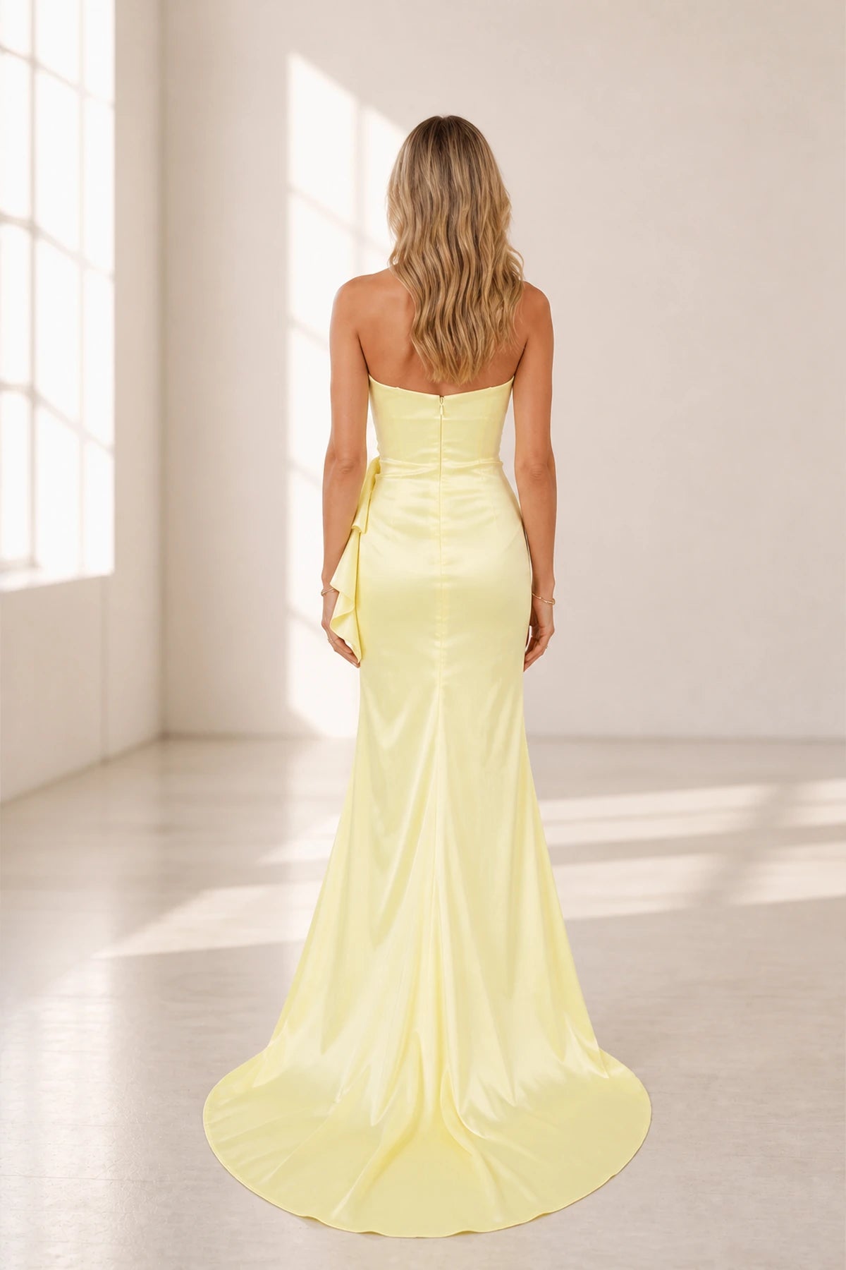 Polished Sheath Straight Neck Strapless Ruffle Back Floor-Length Wedding Guest Dress