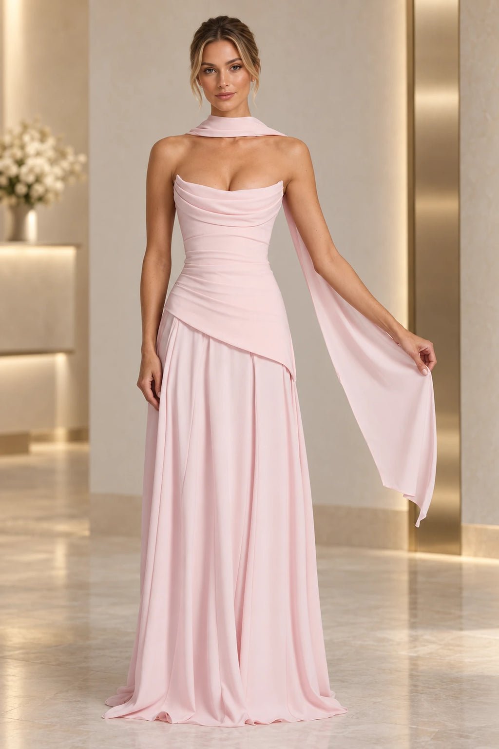 Blush pink strapless A-line wedding guest dress with draped neckline by Graceprom