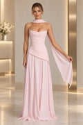 Blush pink strapless A-line wedding guest dress with draped neckline by Graceprom