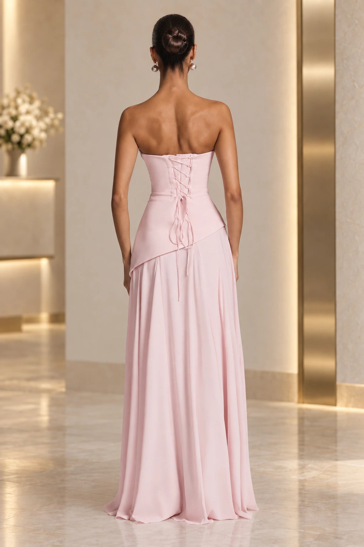 Blush pink formal gown with lace up corset back detail