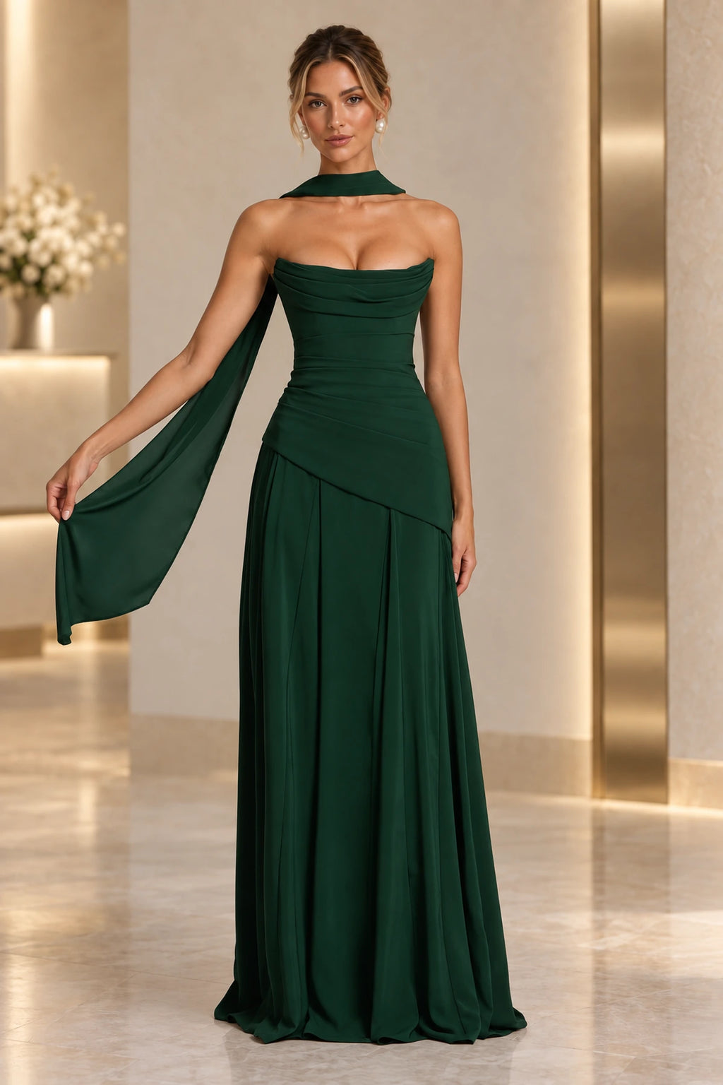 Elegant A-Line Draped Strapless Corset Back Floor Length Wedding Guest Dress