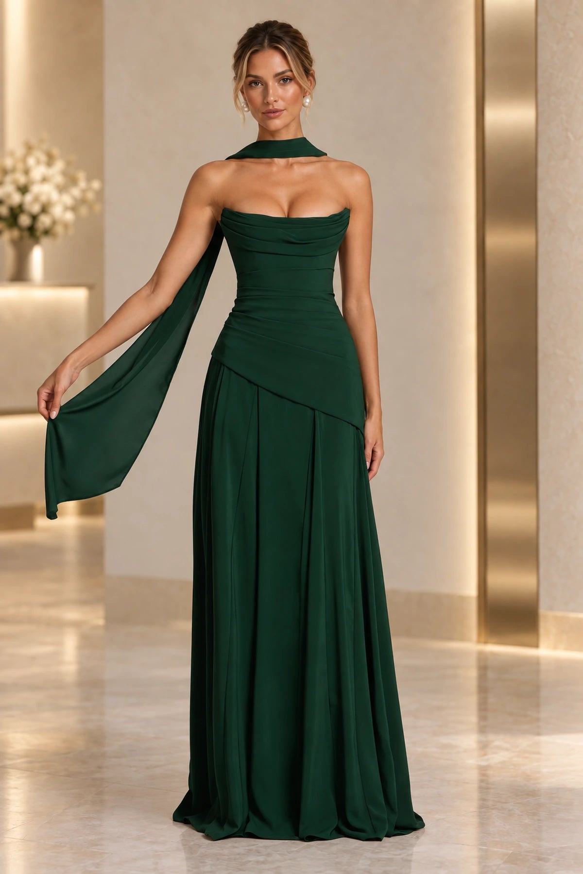 Elegant A-Line Draped Strapless Corset Back Floor Length Wedding Guest Dress