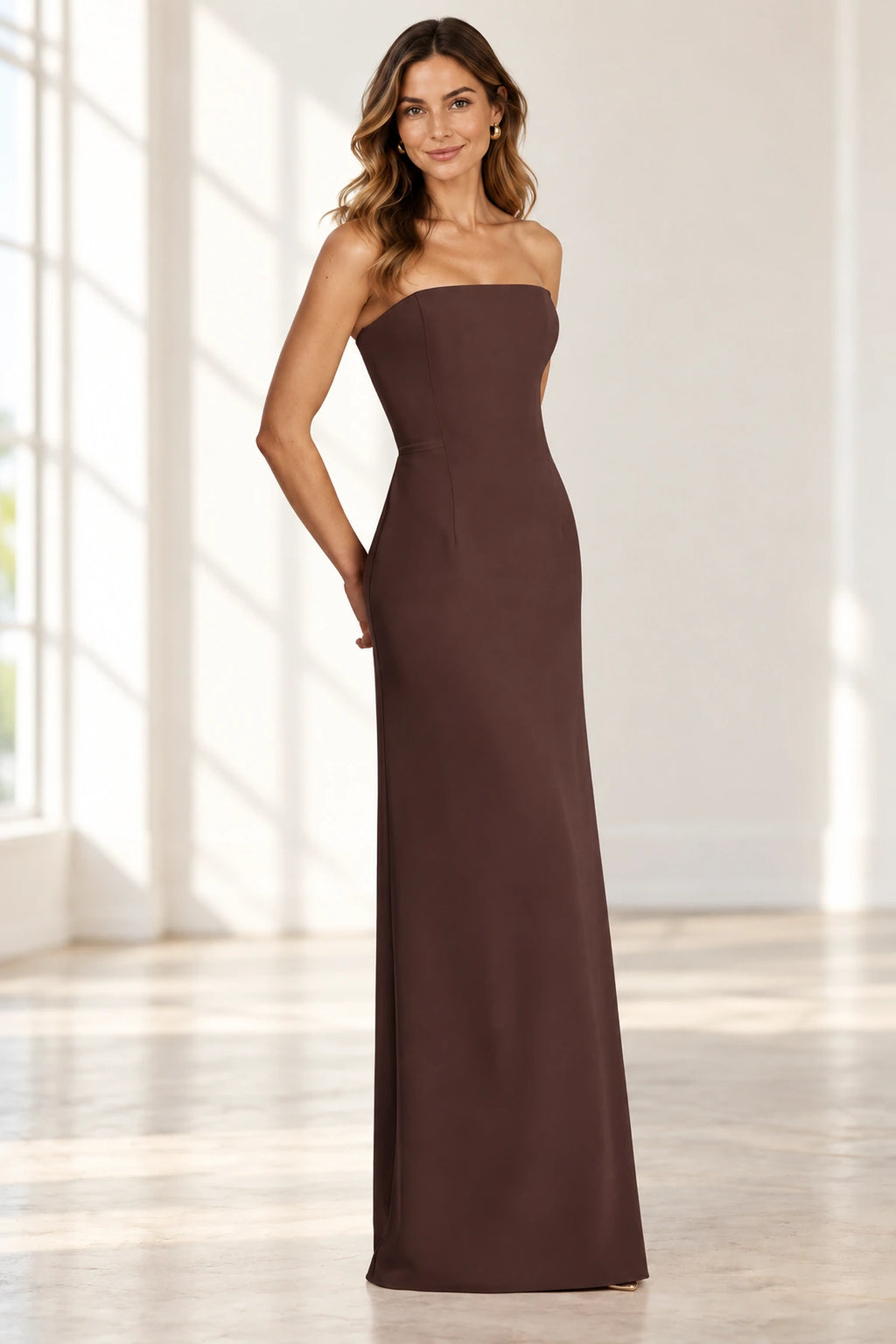 Elegant A Line Strapless Sleeveless Corset Back Floor Length Wedding Guest Dress