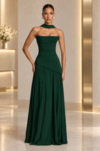 Elegant A-Line Draped Strapless Corset Back Floor Length Wedding Guest Dress