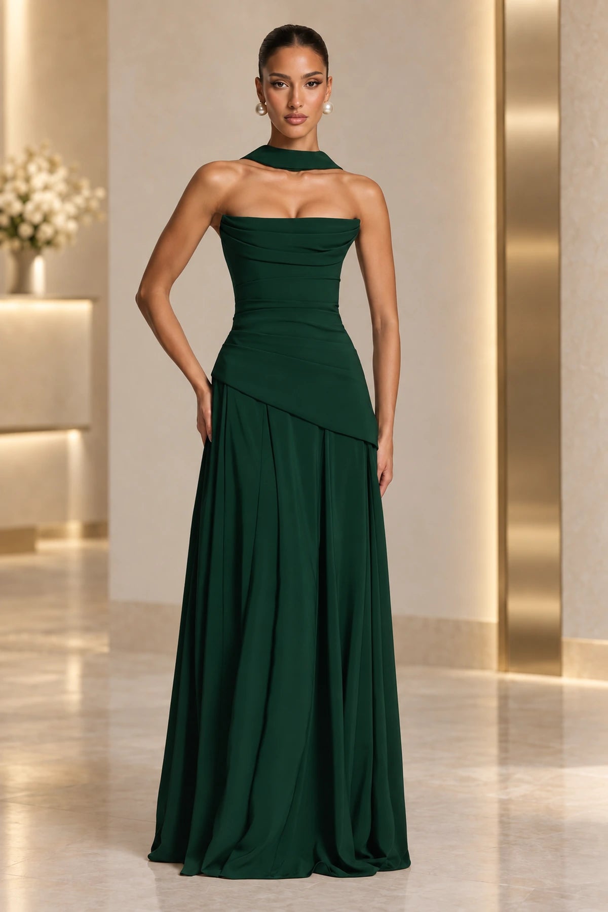 Elegant A-Line Draped Strapless Corset Back Floor Length Wedding Guest Dress