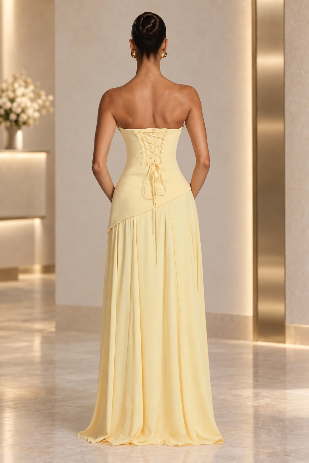 Elegant A-Line Draped Strapless Corset Back Floor Length Wedding Guest Dress