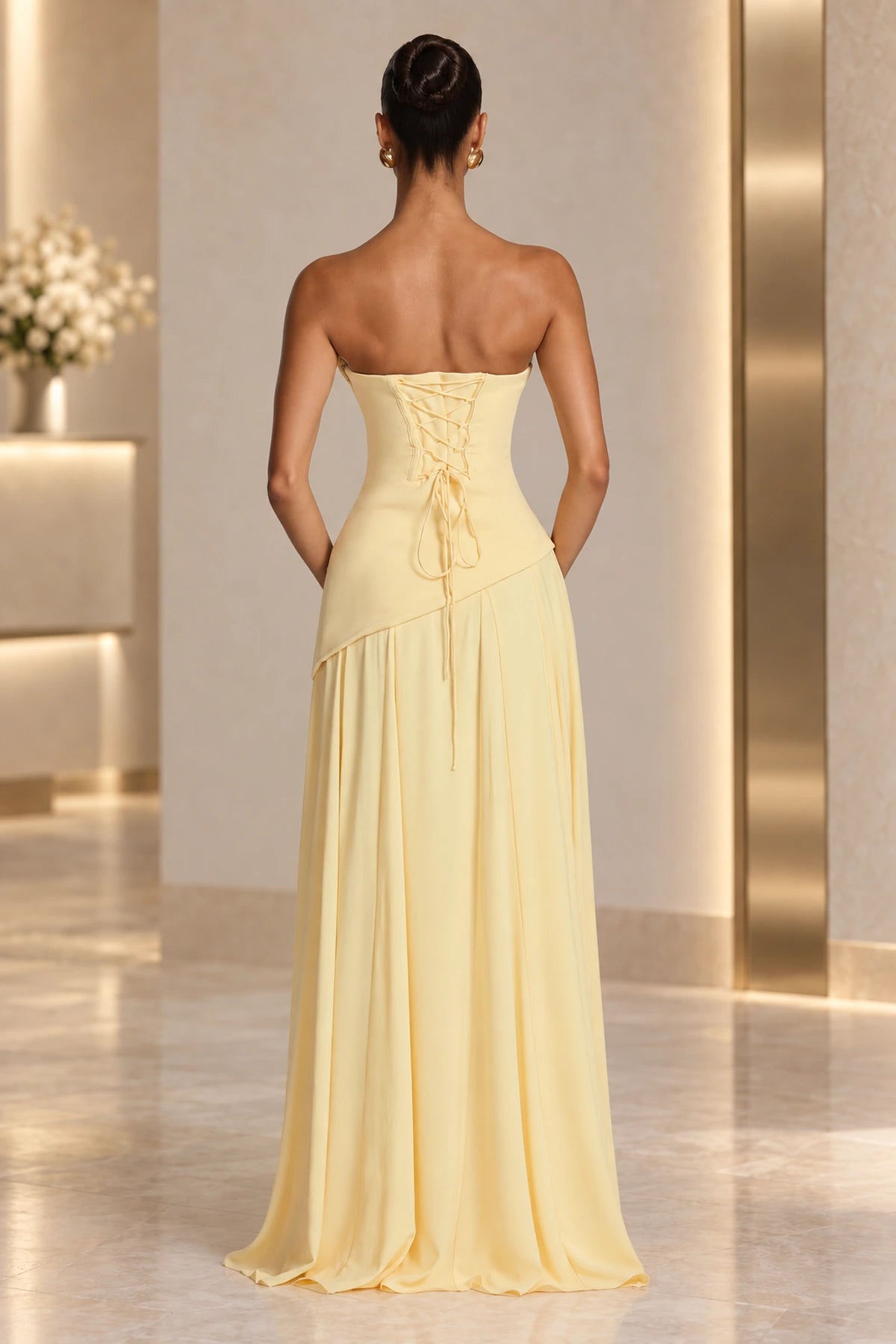 Elegant A-Line Draped Strapless Corset Back Floor Length Wedding Guest Dress