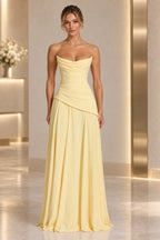 Elegant A-Line Draped Strapless Corset Back Floor Length Wedding Guest Dress