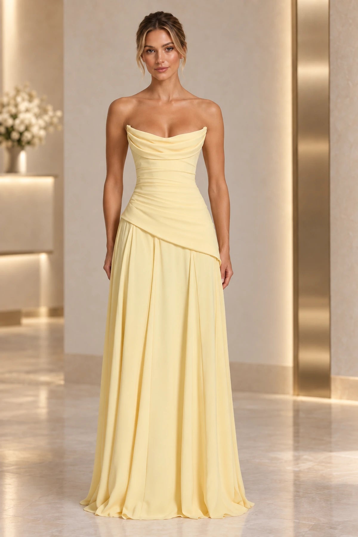 Elegant A-Line Draped Strapless Corset Back Floor Length Wedding Guest Dress