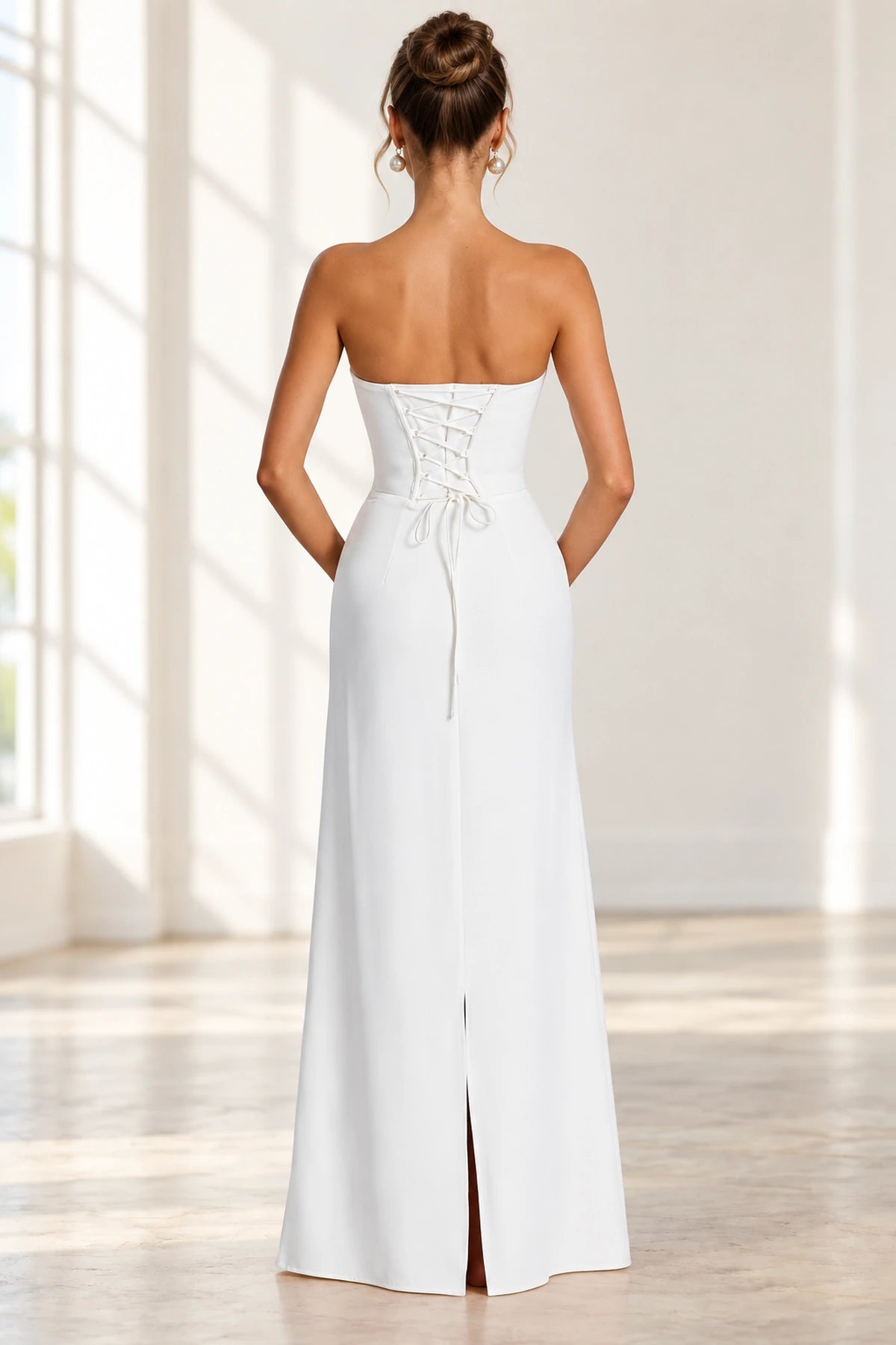 Elegant A Line Strapless Sleeveless Corset Back Floor Length Wedding Guest Dress