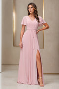 Blush pink V-neck flutter sleeve A-line floor length bridesmaid dress front view