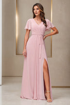 Blush pink V-neck flutter sleeve A-line floor length bridesmaid dress front view