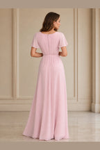 Blush pink flutter sleeve zip back floor length bridesmaid dress back view