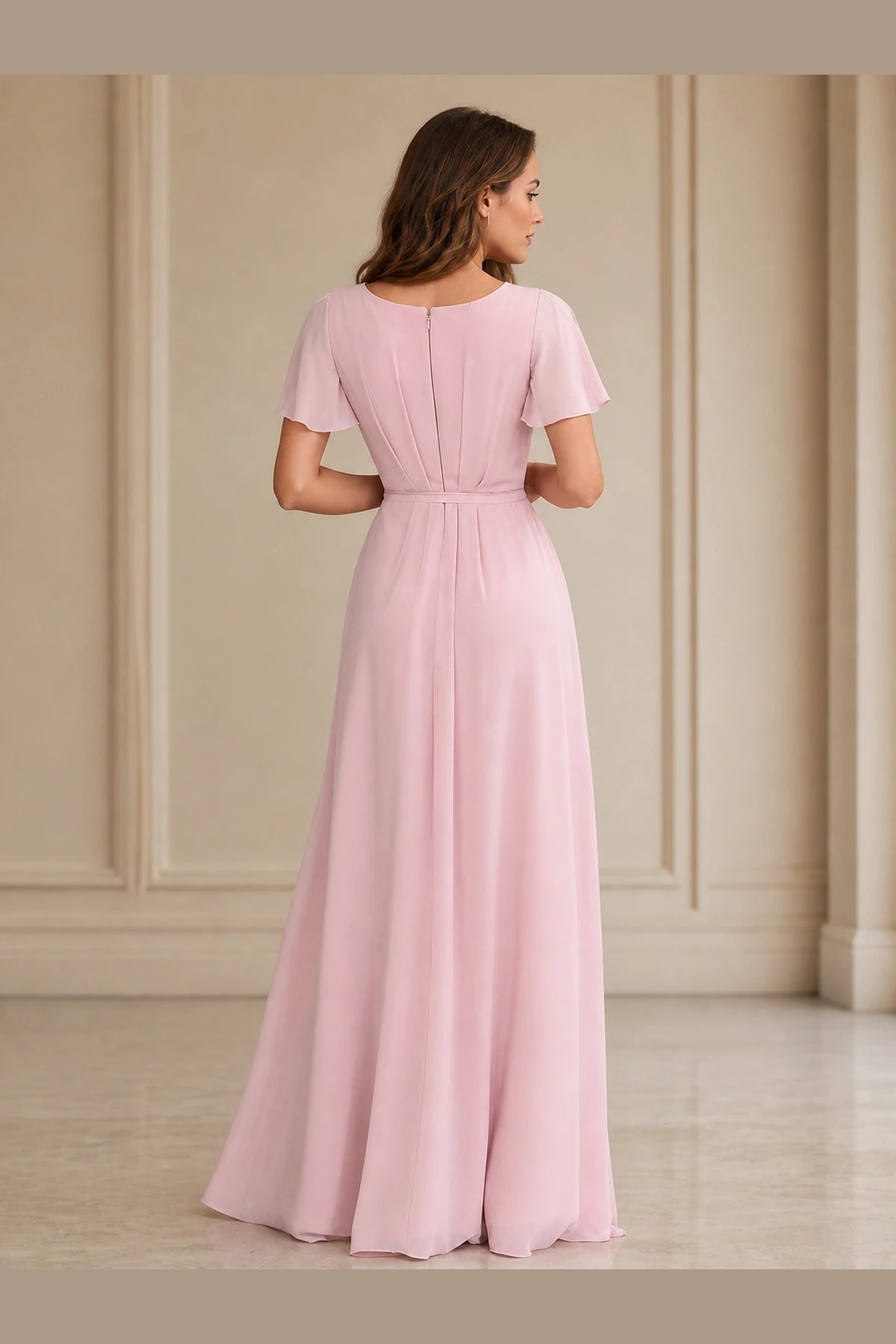 Blush pink flutter sleeve zip back floor length bridesmaid dress back view