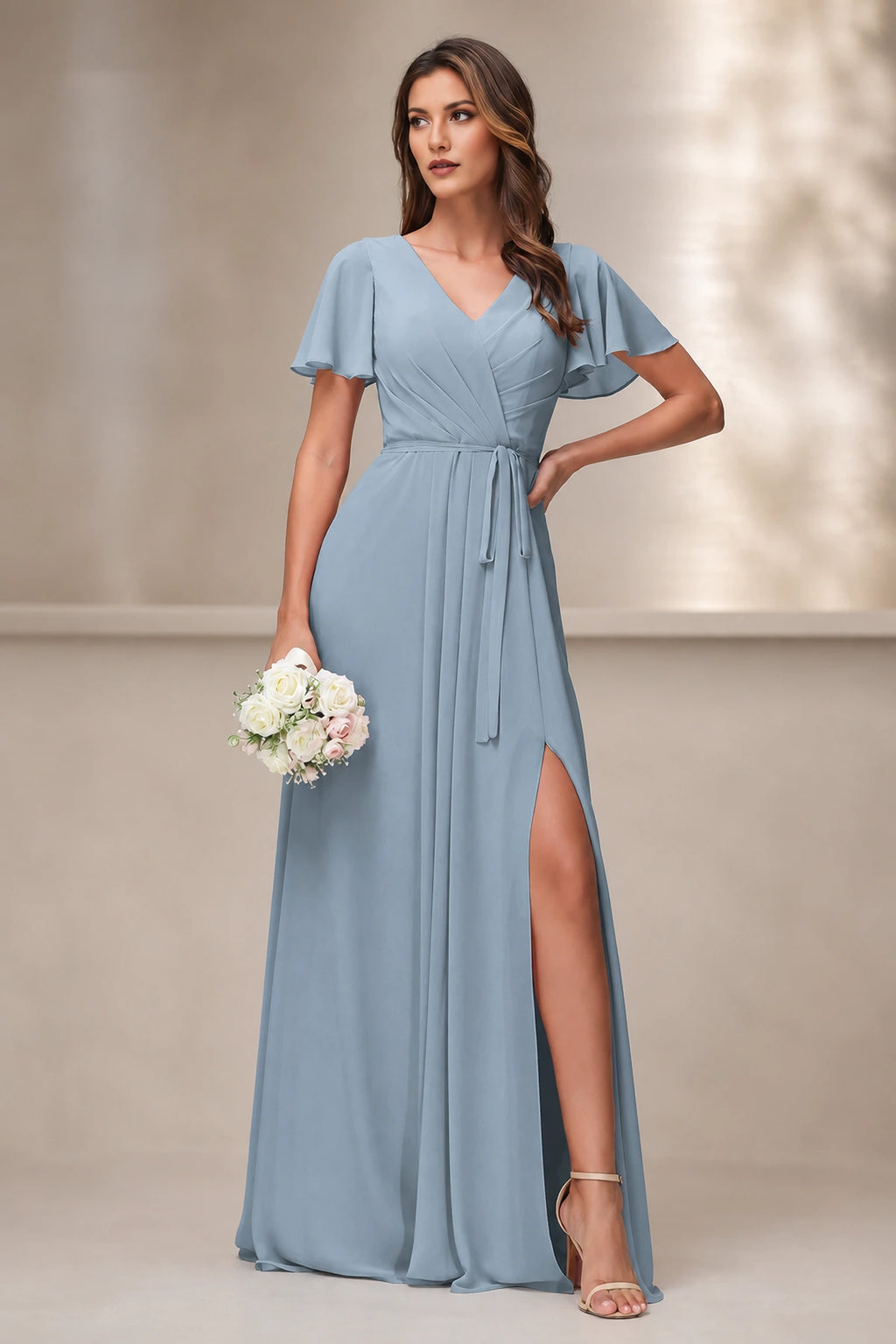 Graceful A-Line V-Neck Flutter-Sleeve Zip-Back Floor-Length Bridesmaid Dress