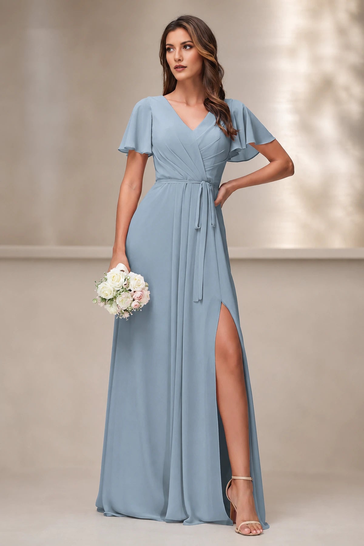 Graceful A-Line V-Neck Flutter-Sleeve Zip-Back Floor-Length Bridesmaid Dress