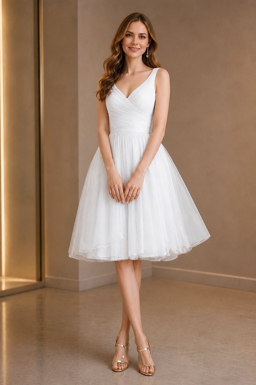 Romantic A-Line V-Neck Sleeveless V-Back Knee-Length Wedding Guest Dress