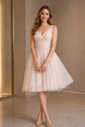 GraceProm blush pink V-neck A-line tulle knee-length wedding guest dress