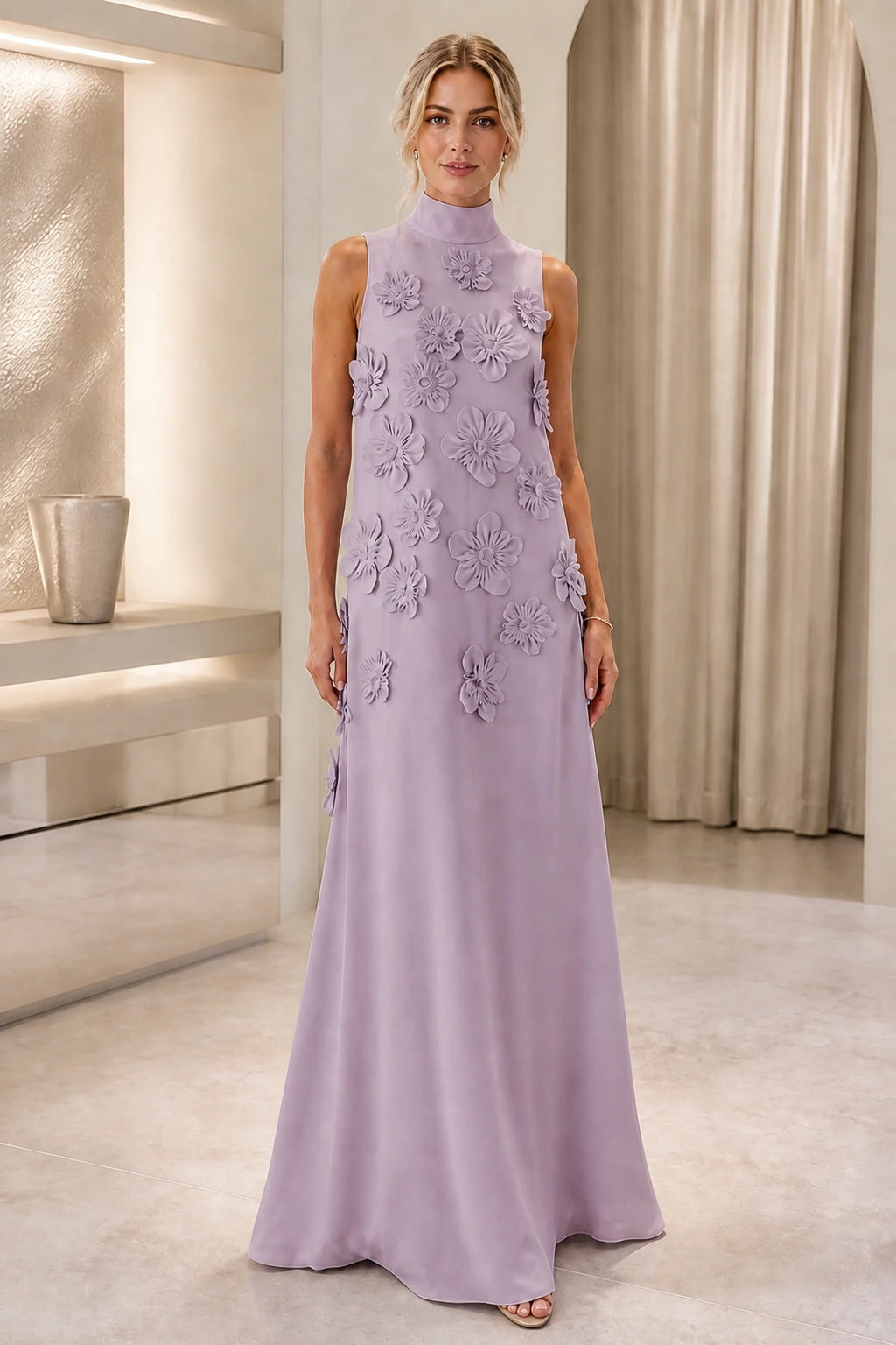 Striking A-Line High-Neck Sleeveless Zipper-Back Floor-Length Wedding Guest Dress
