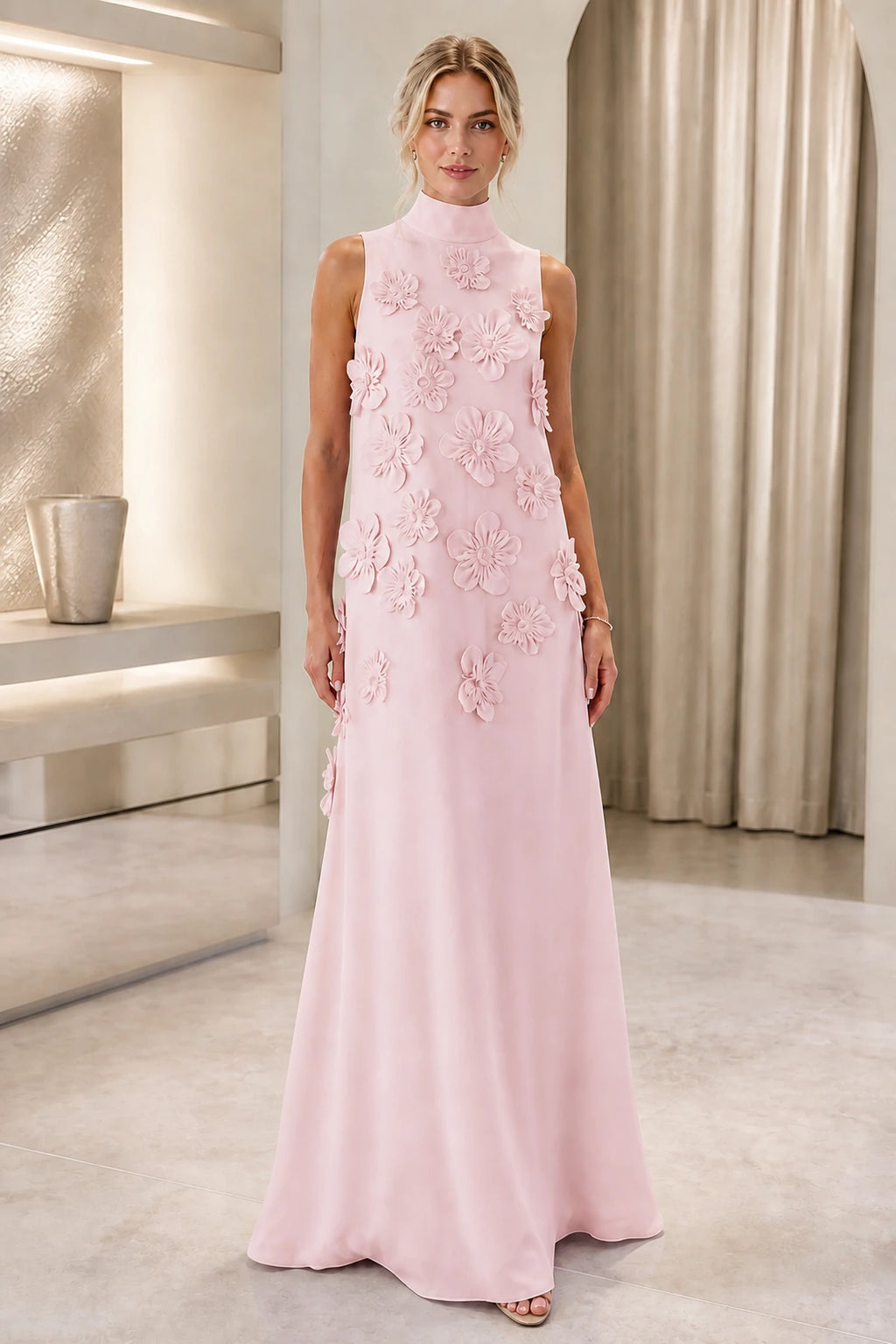 Striking A-Line High-Neck Sleeveless Zipper-Back Floor-Length Wedding Guest Dress