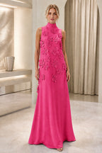 Bright pink A-line wedding guest dress with high neckline, sleeveless design, 3D floral appliqués and floor-length skirt