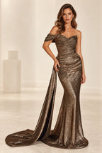 Graceprom bronze sequin mermaid prom dress with a sweetheart neckline, single off-shoulder sleeve, ruched bodice and long side sash.