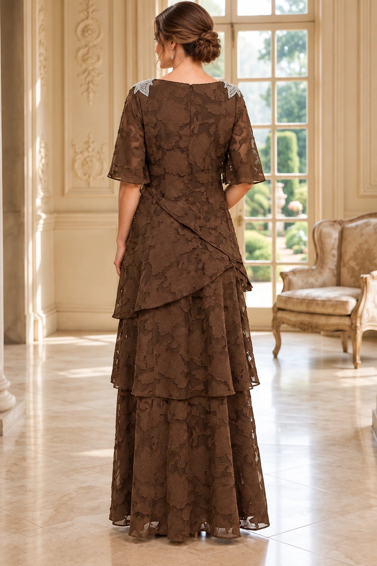 Brown floral lace Mother of the Bride Dress with flutter sleeves, layered asymmetric back and center zipper closure