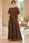 Brown floral lace Mother of the Bride Dress with round neckline, flutter sleeves and layered A-line floor length skirt