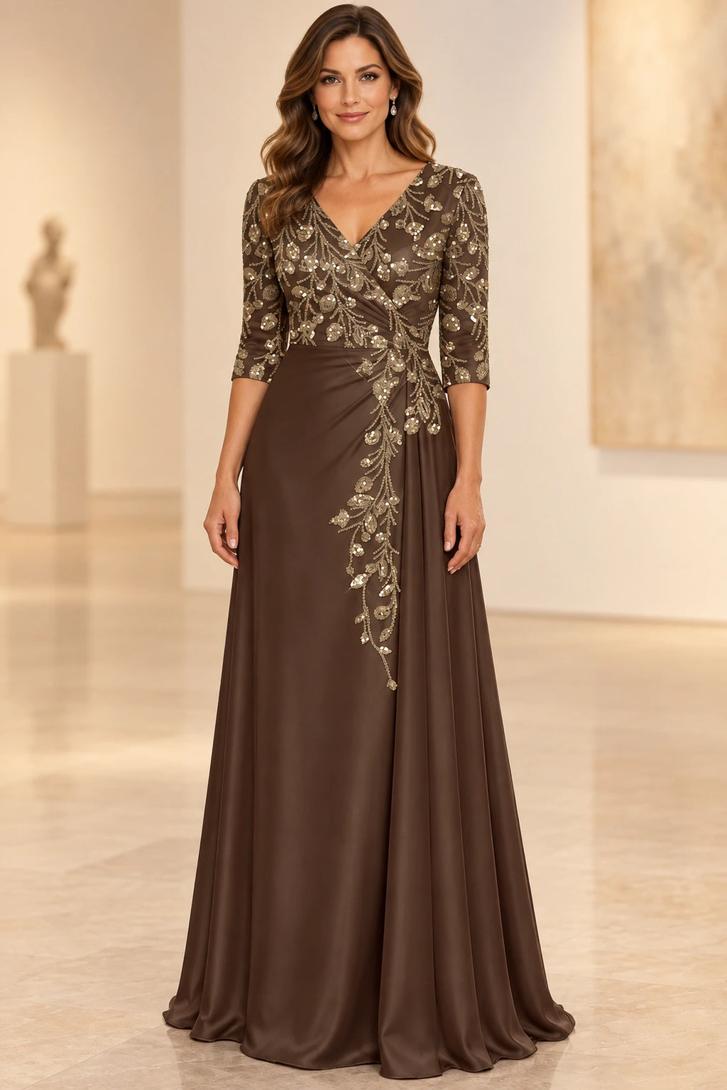 Brown Mother of the Bride Dress with V neckline, three-quarter sleeves, floral sequin bodice and draped A-line floor length skirt