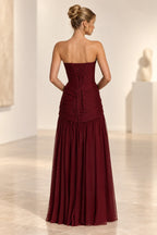 Burgundy lace up back wedding guest dress with ruched bodice detail