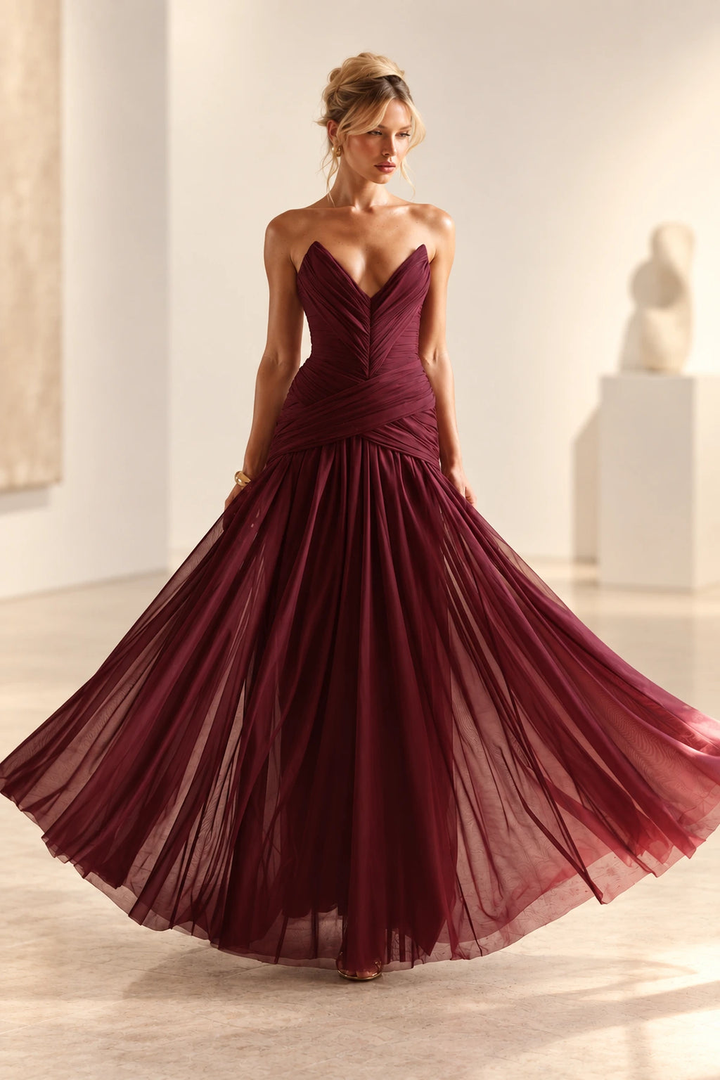 Burgundy sweetheart strapless A line wedding guest dress with tulle skirt