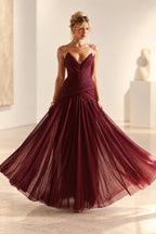Burgundy sweetheart strapless A line wedding guest dress with tulle skirt