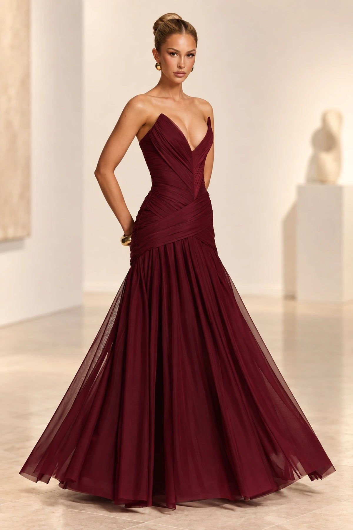 Romantic A Line Sweetheart Strapless Lace Up Back Maxi Wedding Guest Dress