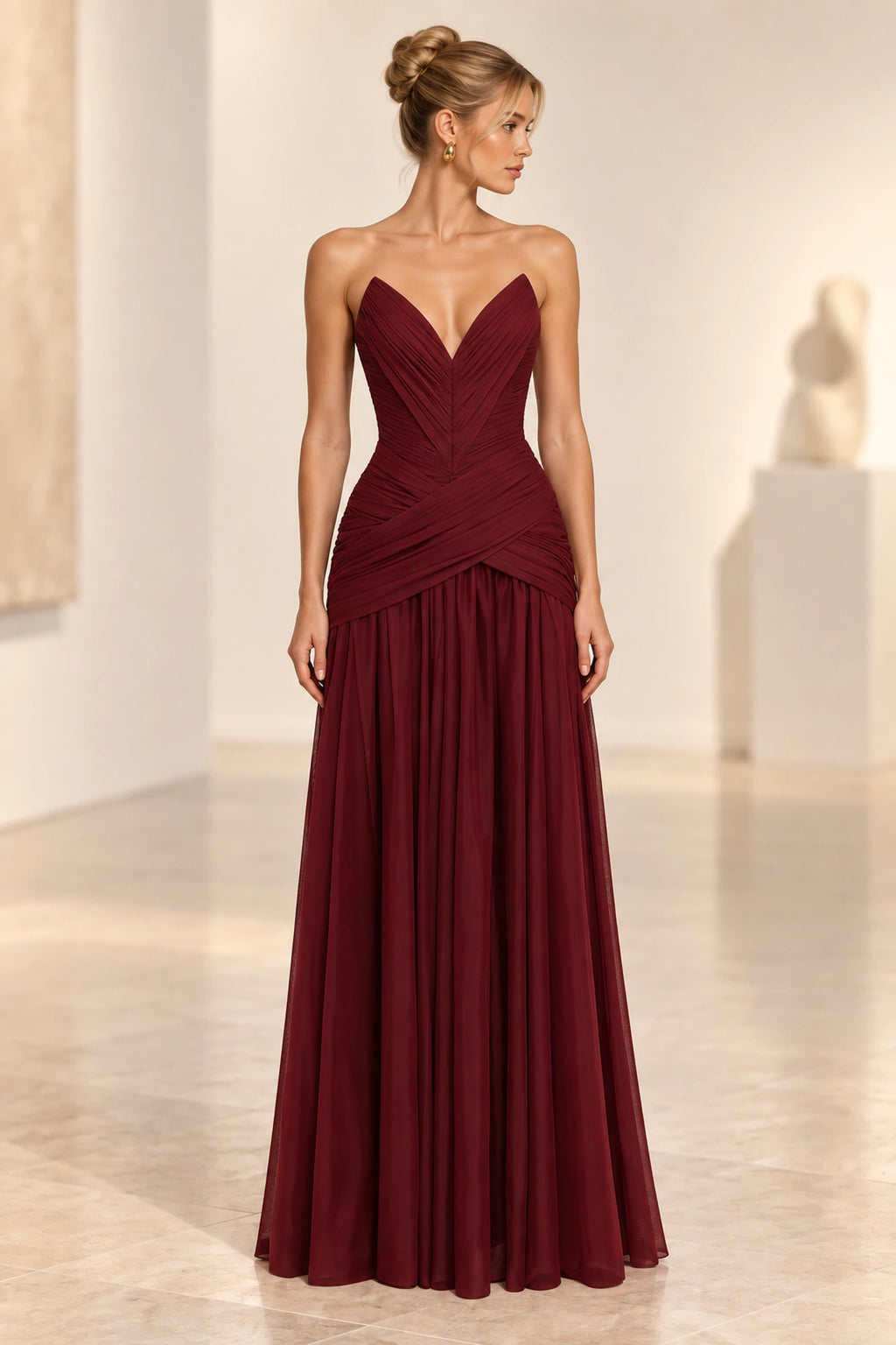Romantic A Line Sweetheart Strapless Lace Up Back Maxi Wedding Guest Dress