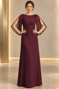 Burgundy mother of the bride dress with bateau neckline cape sleeves beaded waist and long sheath silhouette