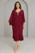 Burgundy sheath V-neck Mother of the Bride dress with beaded neckline, cape sleeves, layered midi skirt and V-back, front and back view by Vedress