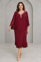 Burgundy sheath V-neck Mother of the Bride dress with beaded neckline, cape sleeves, layered midi skirt and V-back, front and back view by Vedress