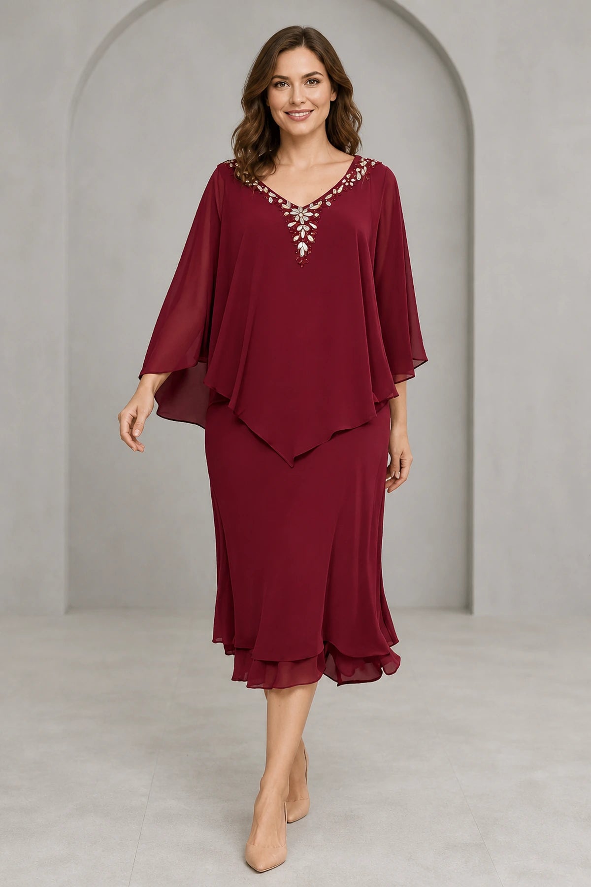 Burgundy sheath V-neck Mother of the Bride dress with beaded neckline, cape sleeves, layered midi skirt and V-back, front and back view by Vedress